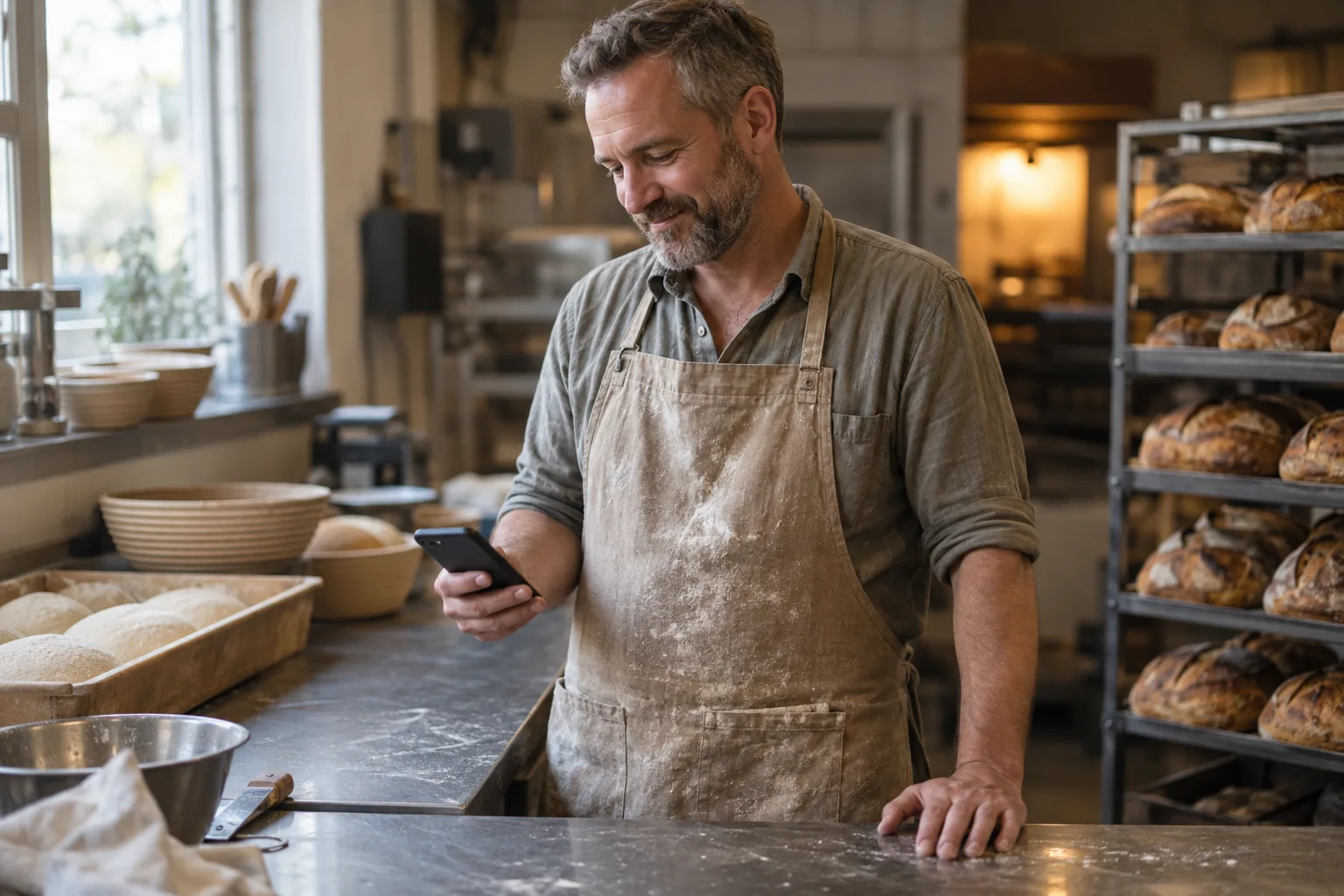 A baker reading his phone behind the counter