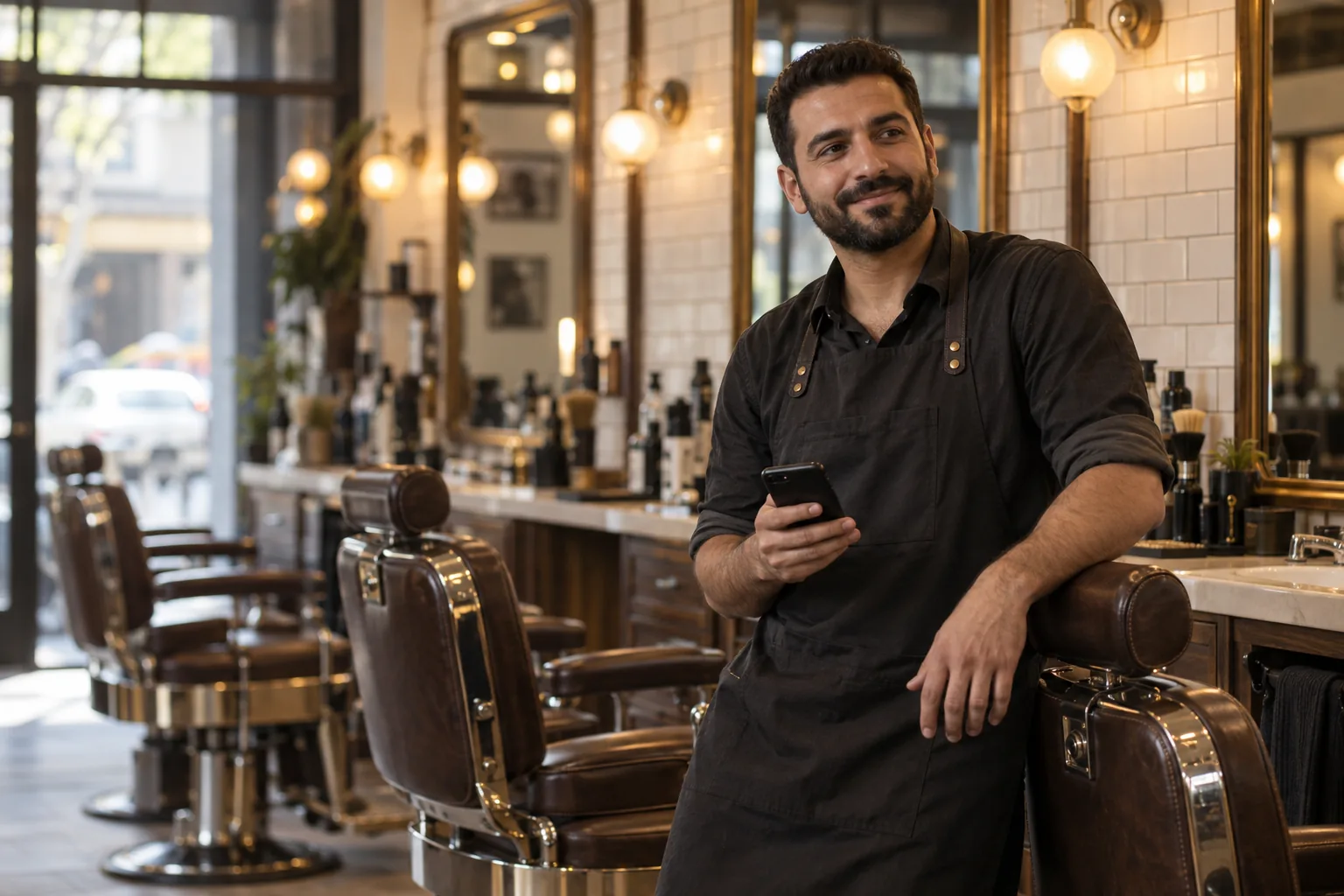 A barber holding his phone in his shop
