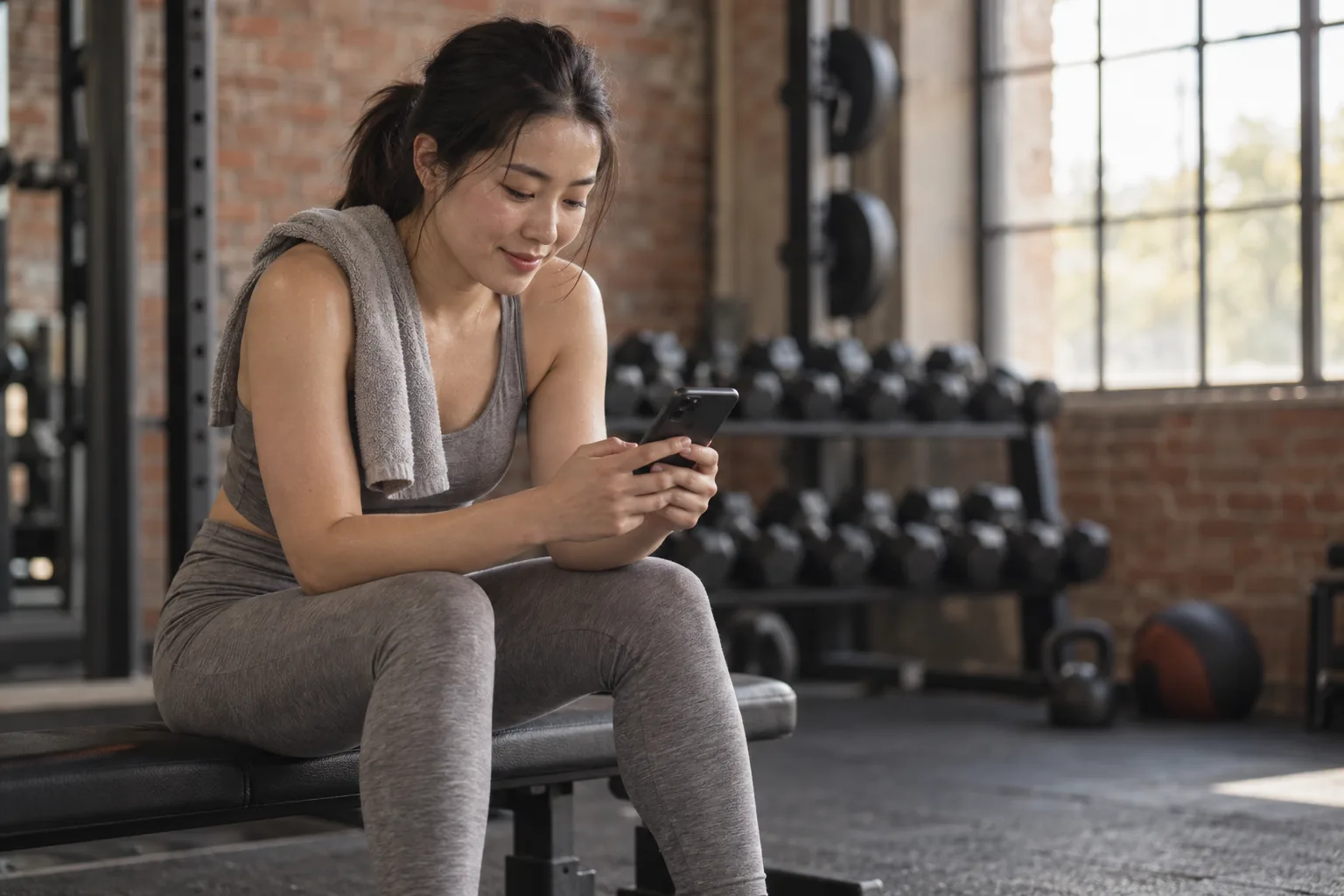 A trainer checking her phone between sessions