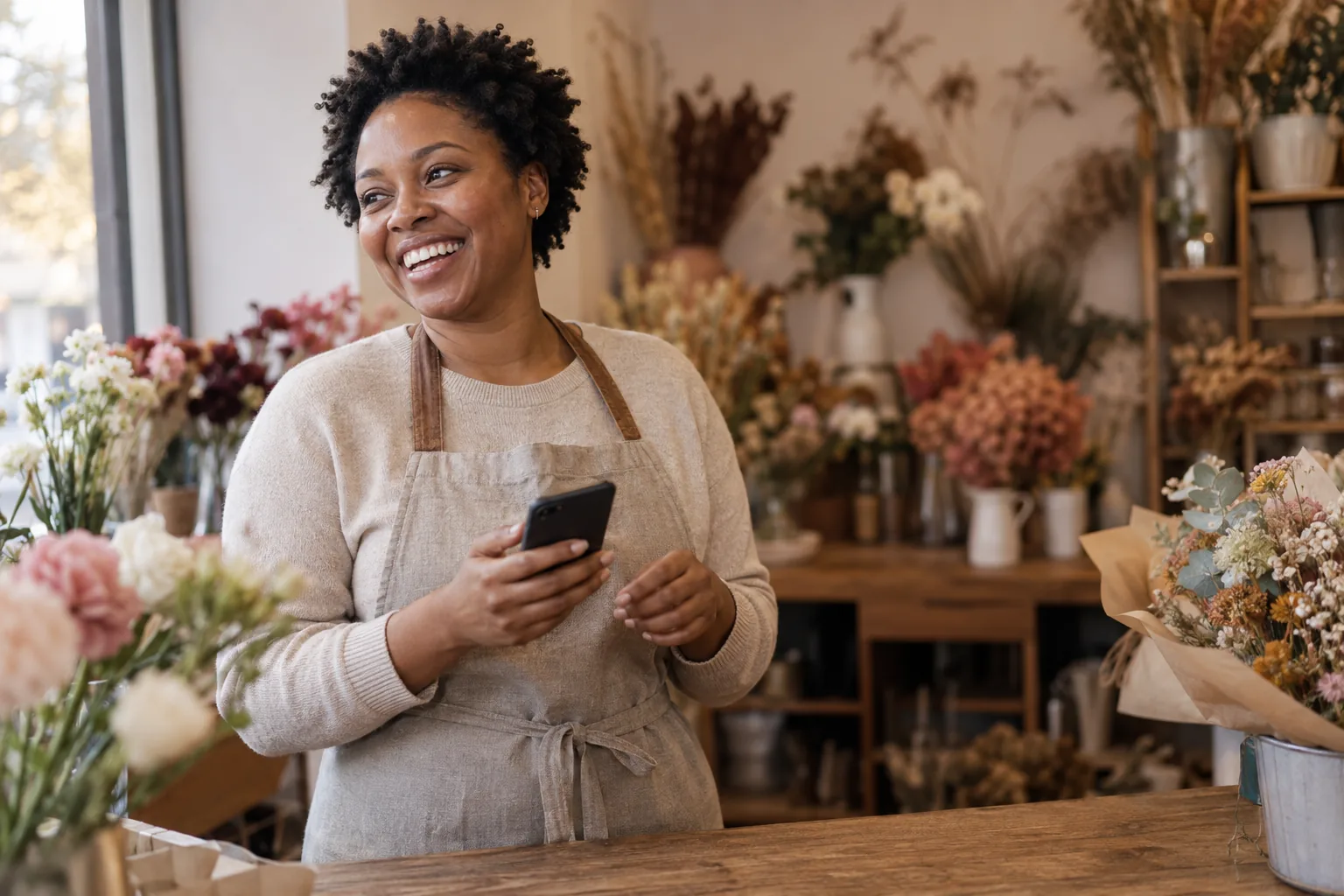 A florist checking her phone in her shop